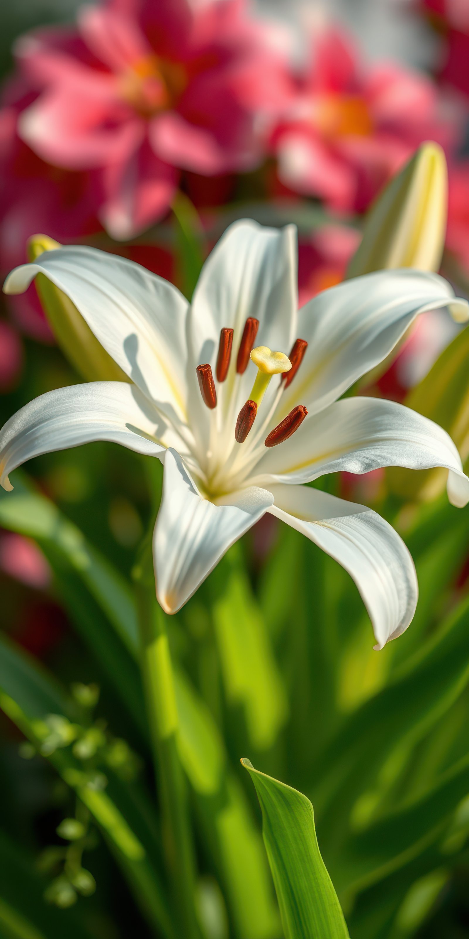 White lily blooming in a vibrant garden filled with colorful flowers during springtime